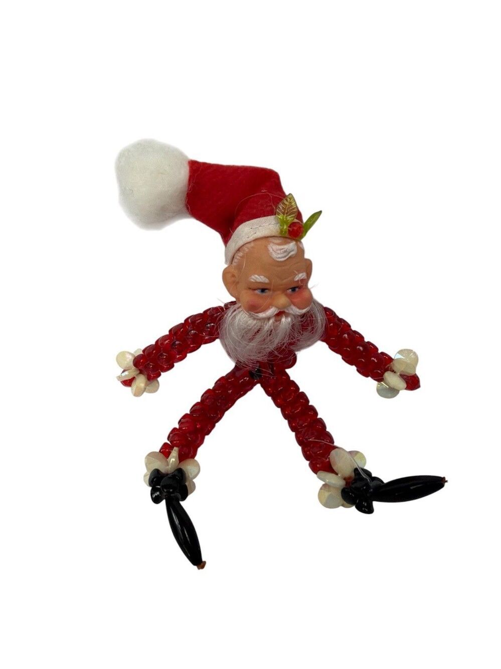Vintage Santa Claus Ornament  Beaded Plastic Handmade Christmas Kitsch 5” Tall